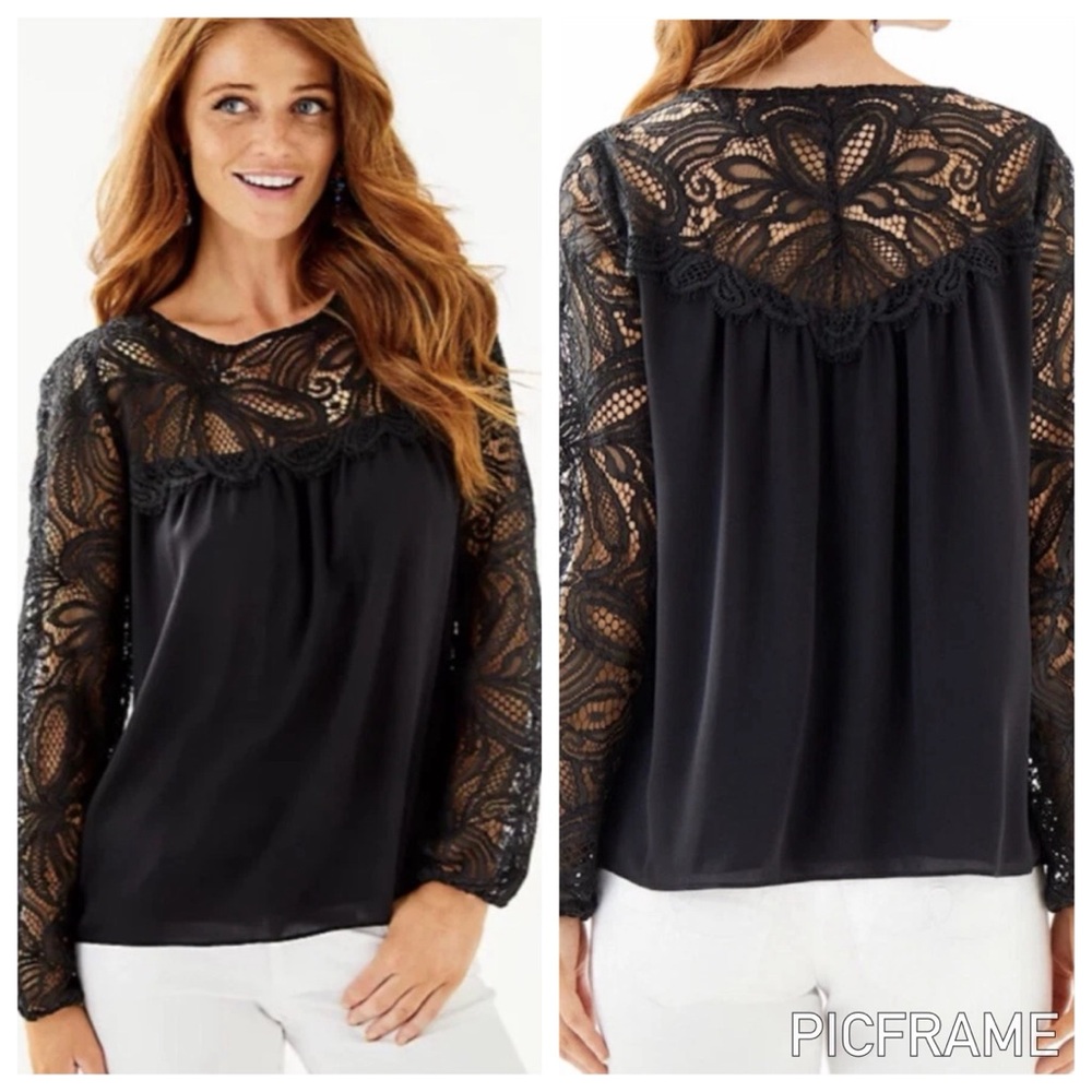Lilly Pulitzer | Keegan Elegant Black Lace Sleeve Women's Top Sz XS - Picture 2 of 6
